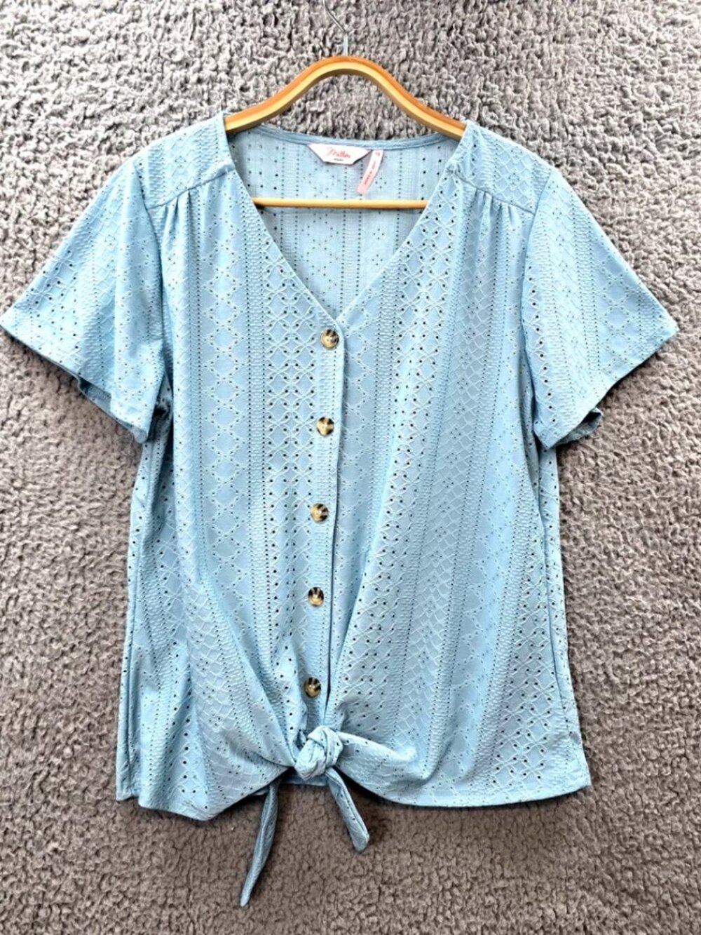 Millers Womens Blouse Top Size 14 Blue Textured Stretch Knit Short Sleeve Tie